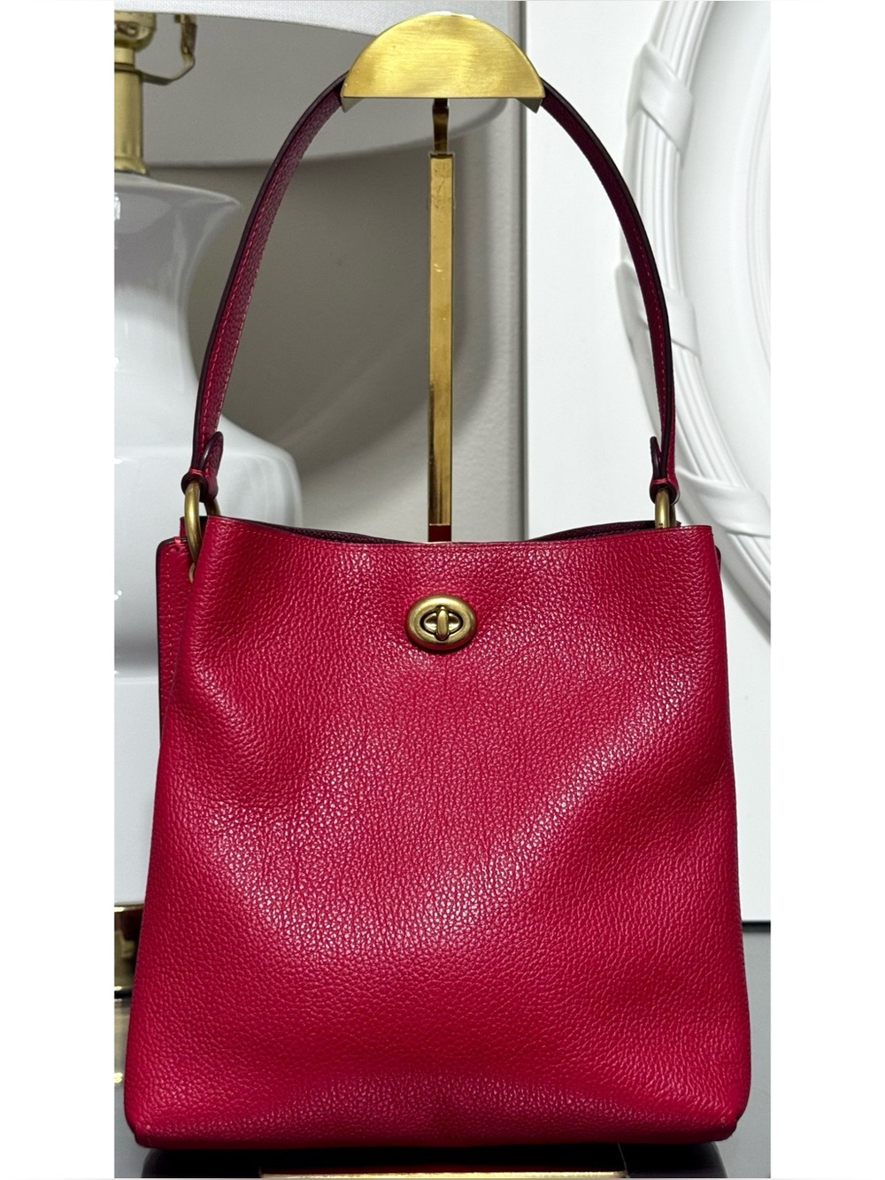COACH Charlie Turnlock Bucket Bag 21, RED Pebble Leather Crossbody Bag - Picture 3 of 8